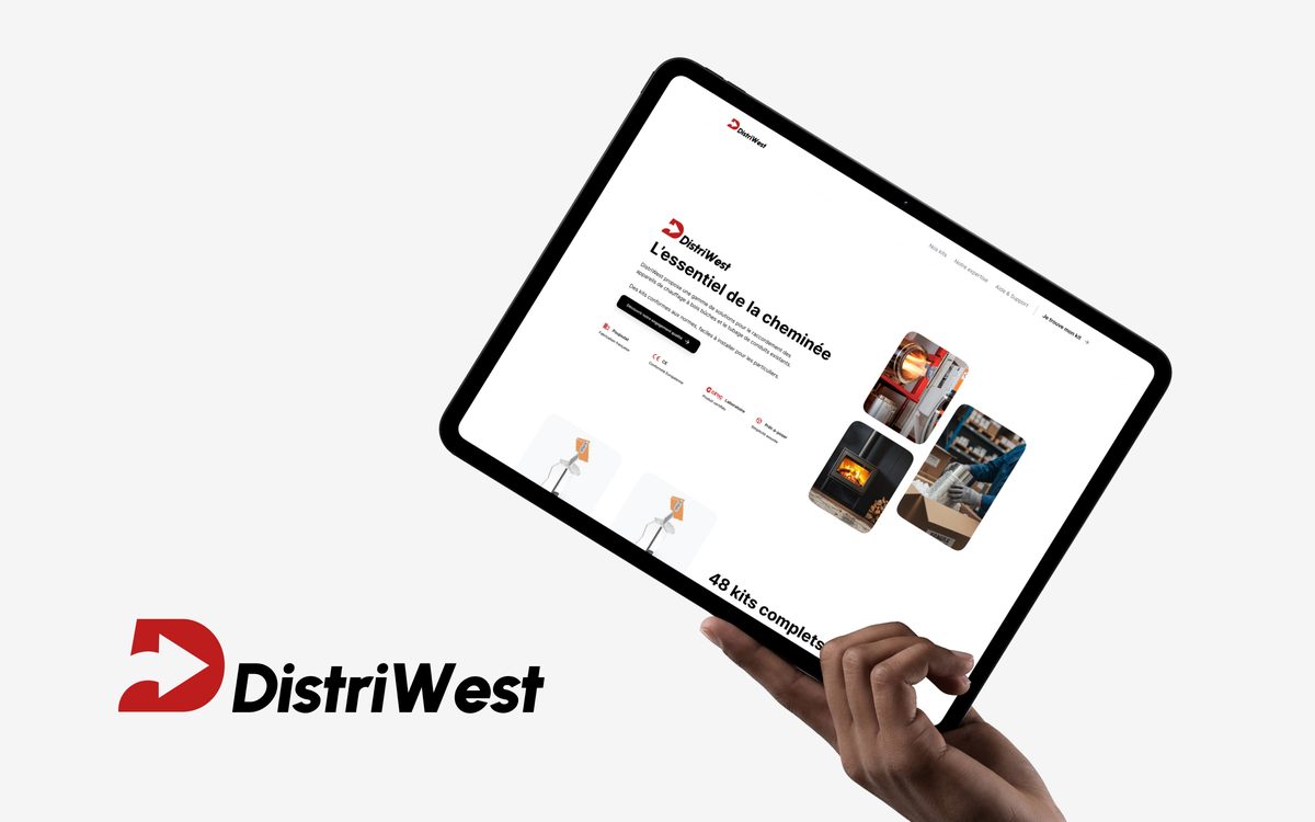 Maquette de la page d'accueil du site DistriWest sur une tablette : logo, titre « L'essentiel de la cheminée », visuels produits et mention « 48 kits complets »