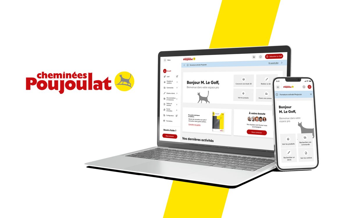 Espace Pro de Cheminées Poujoulat : page d'accueil sur ordinateur et sur mobile, avec le menu, les accès rapides et le bloc « Nous contacter »