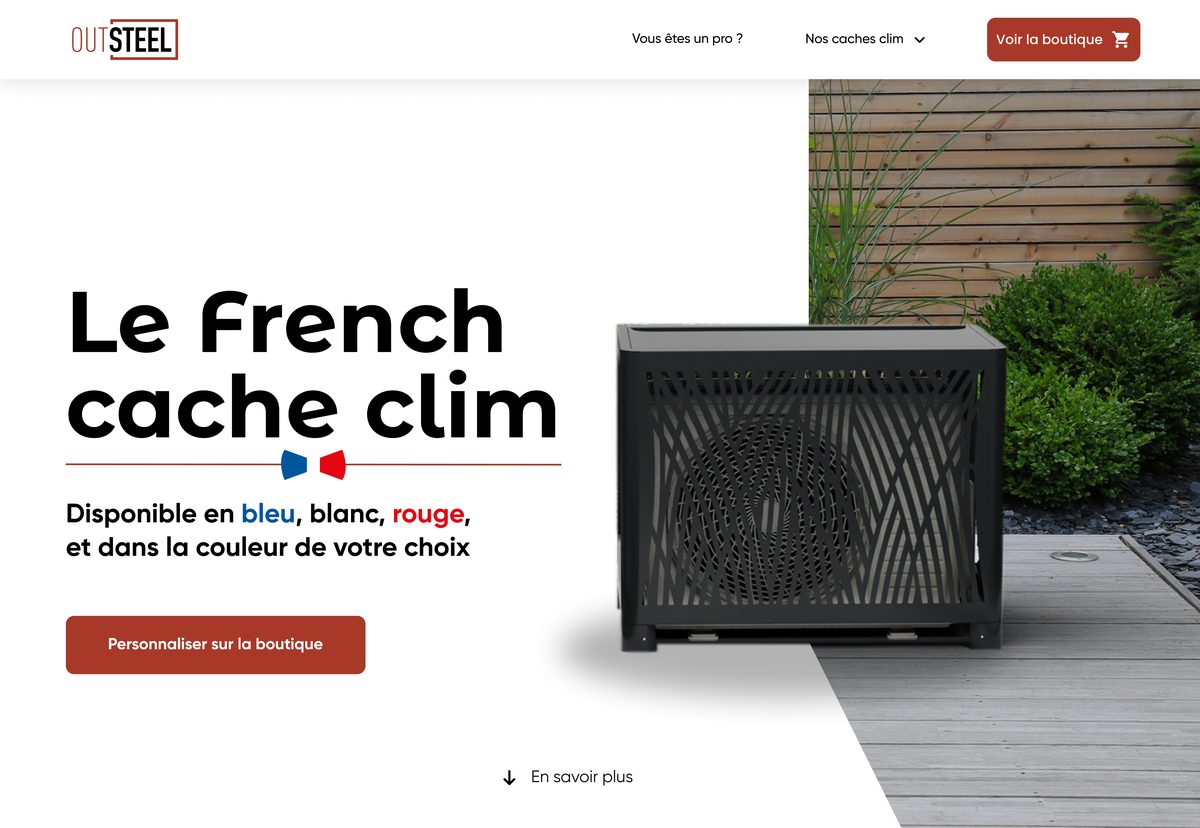 Maquette de la page d'accueil du site Outsteel : titre « Le French cache clim », cache-climatisation noir dans un jardin et bouton « Voir la boutique »