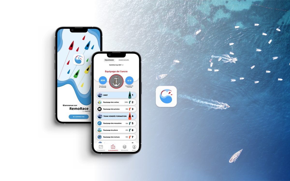 Écrans de l'application RemoRace sur fond de bateaux vus du ciel