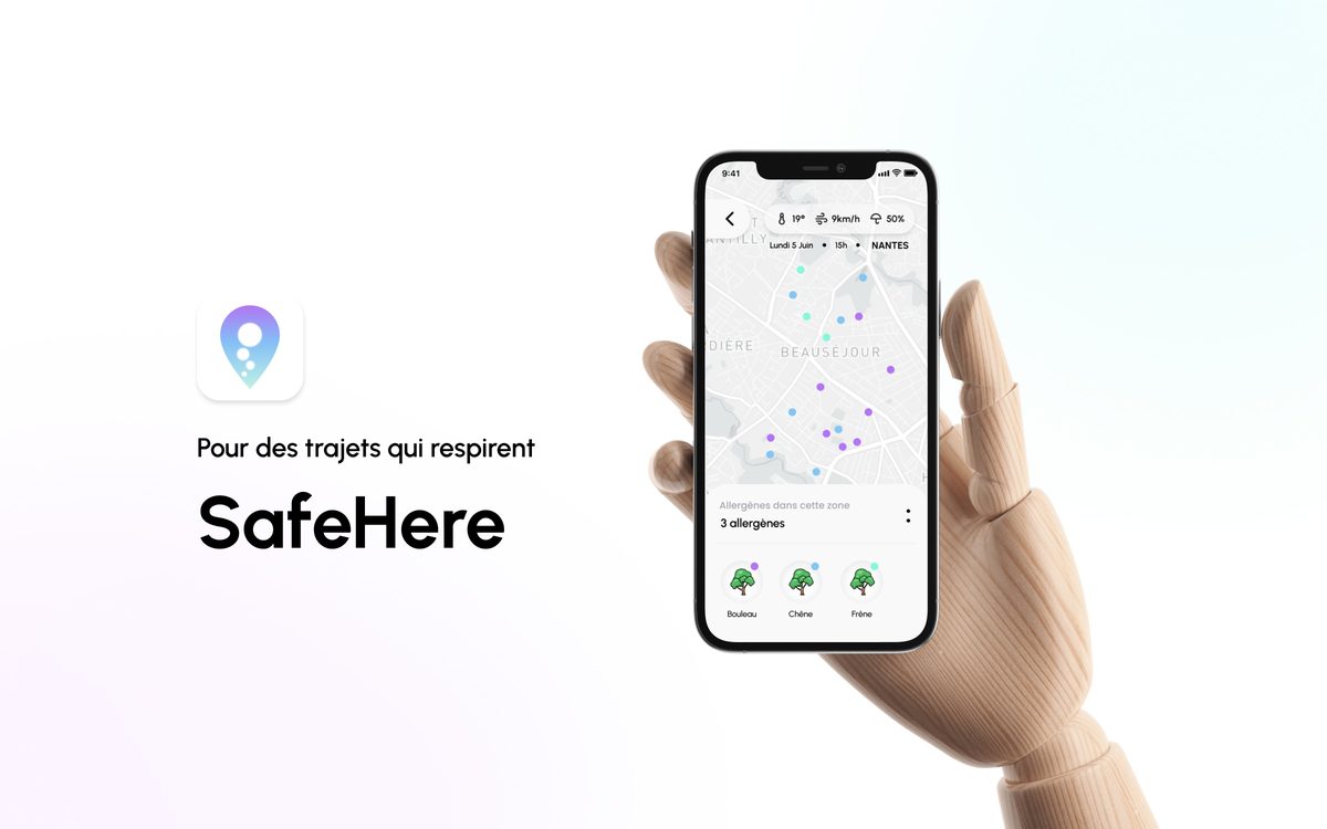 Application SafeHere : carte des allergènes à Nantes affichée sur un téléphone, avec le logo et la signature « Pour des trajets qui respirent »